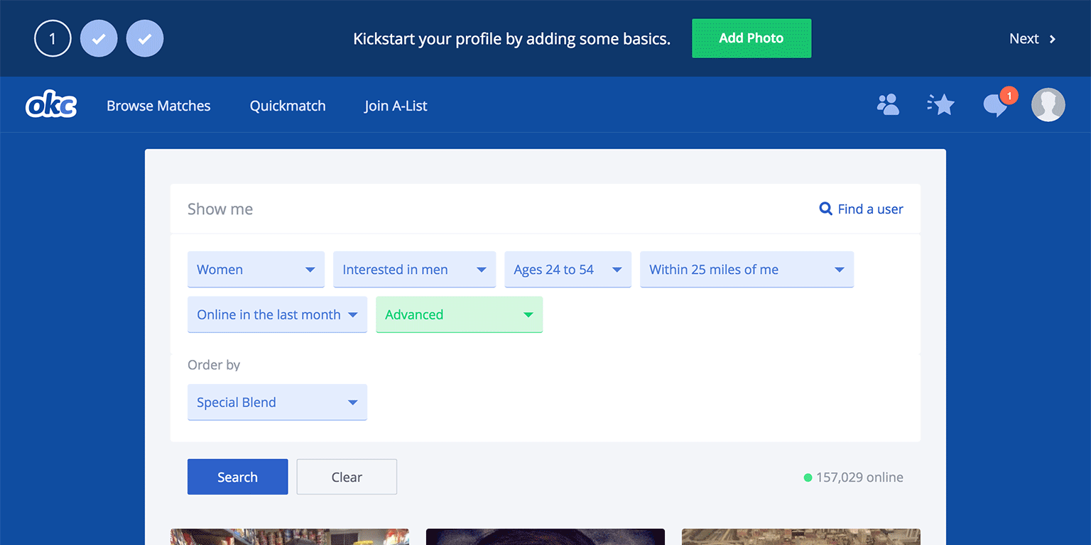 OKCupid makes adding a display photo hard to ignore. It would probably help to also add some supporting copy, like “profiles with photos get XX% more views”.