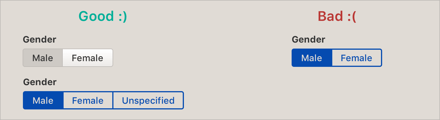 It's easy to see which button is pressed on the left-hand examples, but it's pretty confusing on the right-hand example.