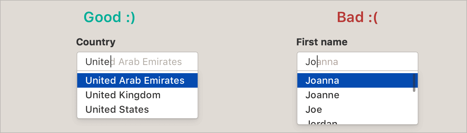 The bad: a person's name can be literally anything, so trying to suggest options is probably not helpful, especially once you start including non-English languages in your product. It also might imply to a user that they have to select one of your pre-defined names, instead of choosing their own. A simple text input field would do fine.